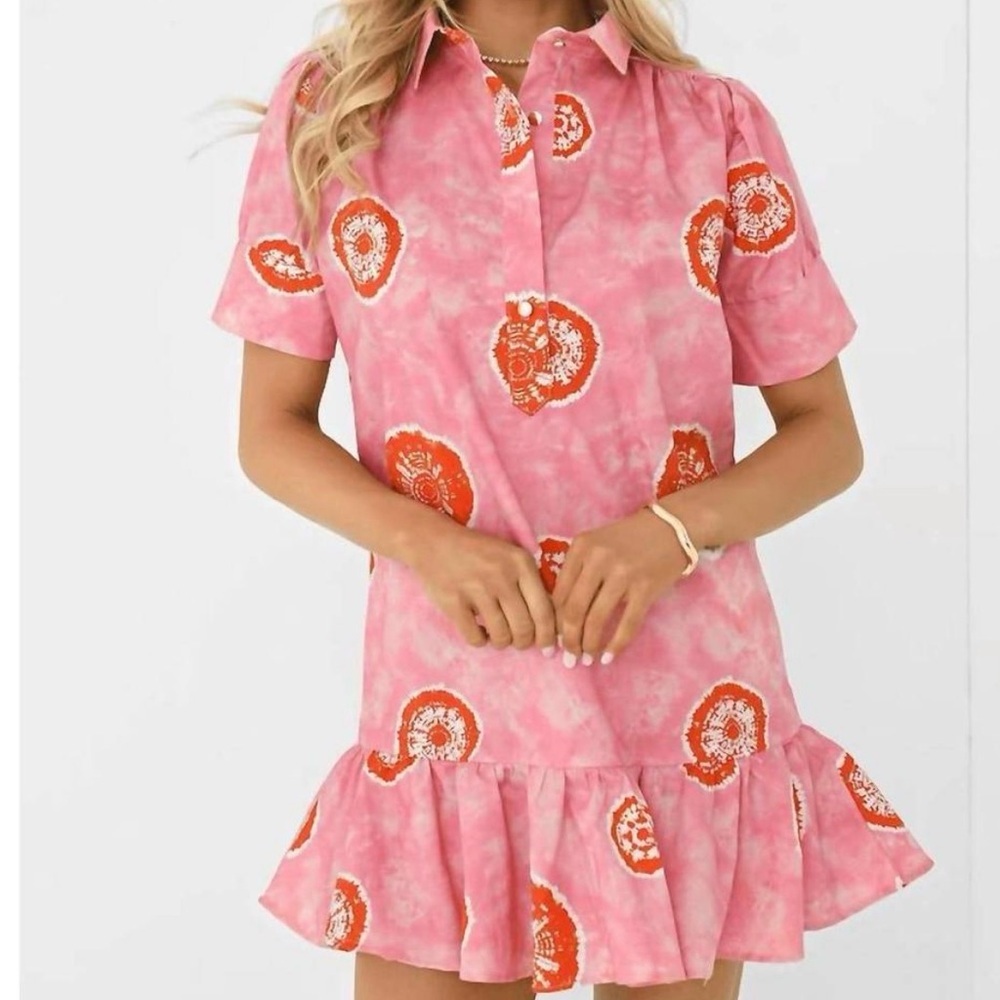 NWT Never a Wallflower Pink Red Tie Dye Shirt Dress Ruffle Hem XL Mini Spring